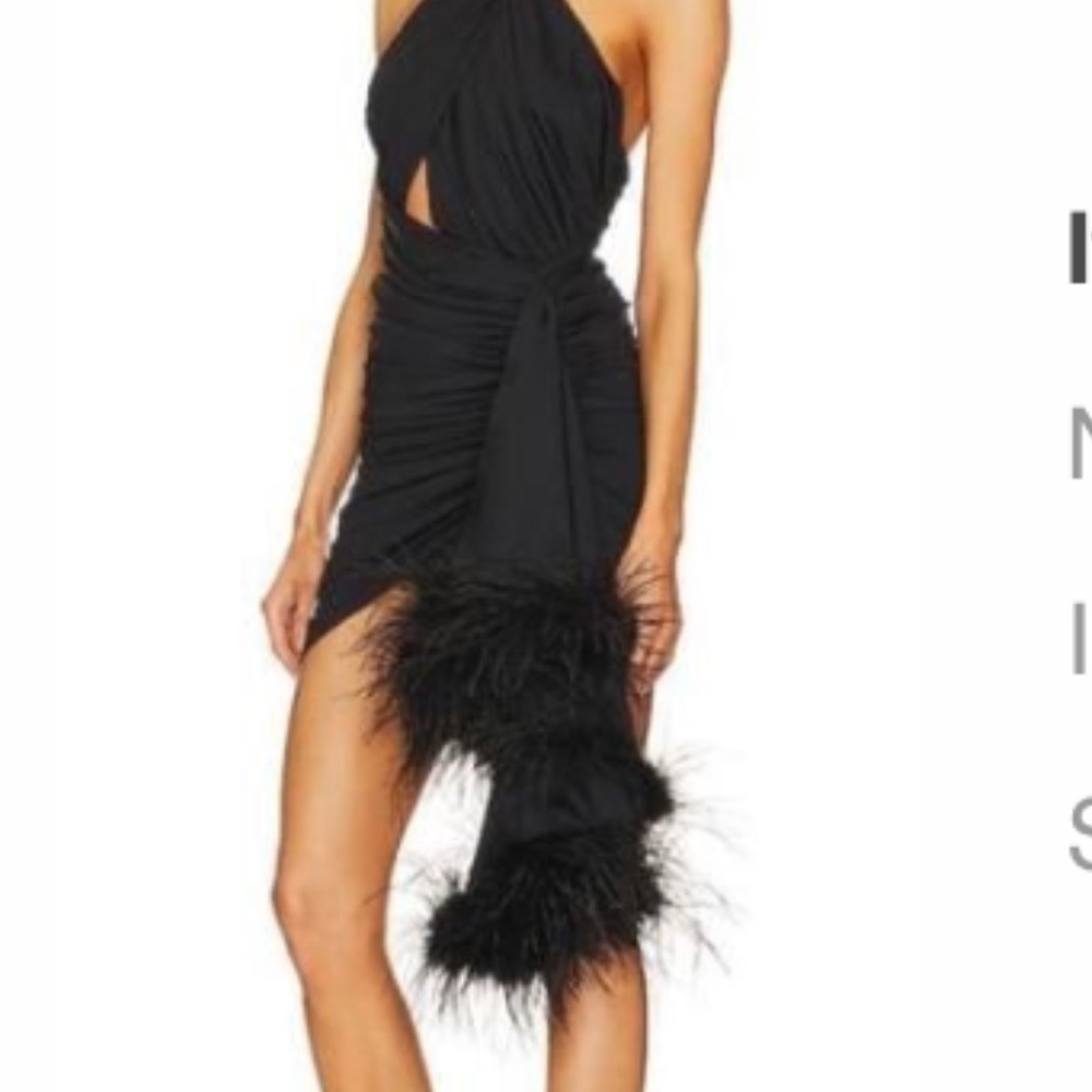 Chic Black Halter Dress with Feather Detail